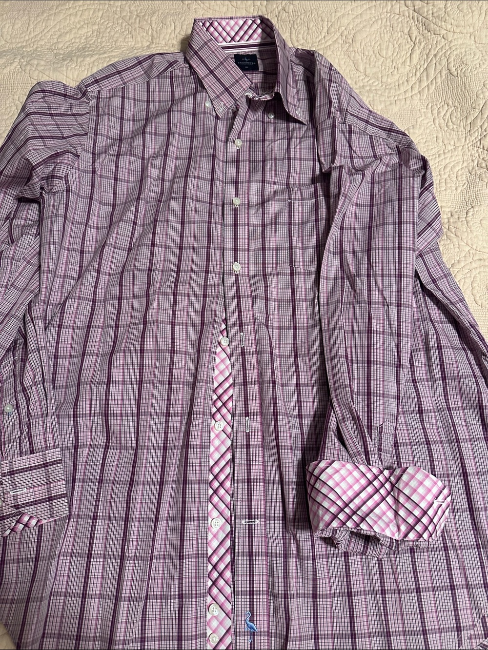 Tailorbyrd Pink Plaid Dress Shirt with Contrast Trim